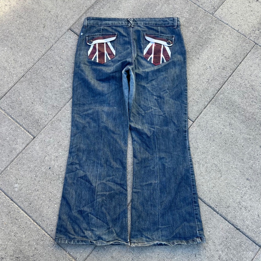 Canyon River Blues Petite Flare Jeans Union Jack Flag Pockets Medium Wash 14 Avg